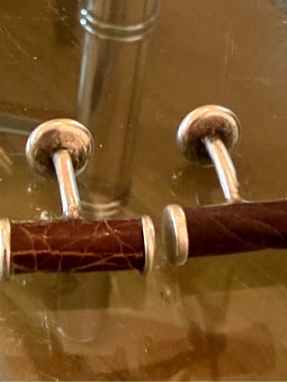 Ralf Lauren vintage crocodile Men's Brown Leather and Silver Bar Cufflinks